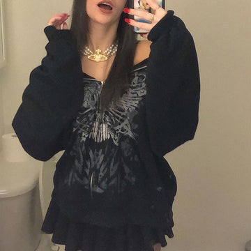 Znbbw Gothic Butterfly Print Oversize Zip Up Hoodies 2023 Winter New Grunge Long Sleeve Sweatshirt Casual Hooded Jacket Streetwear